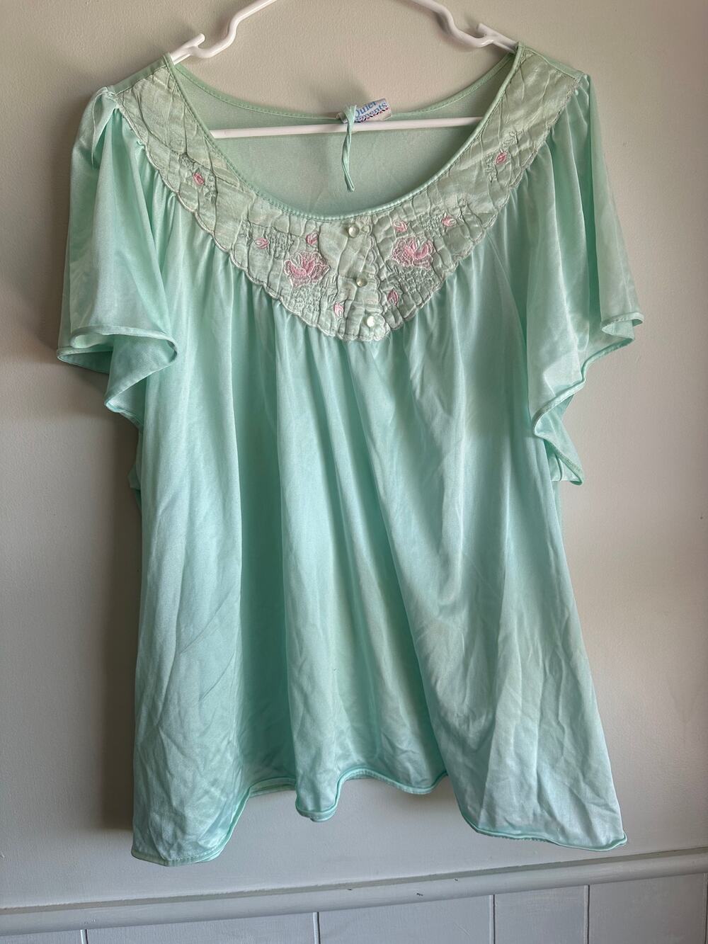 Vintage Quiet Moments 3X Mint Green Nylon Nightgown Flutter Sleeve Embroidered